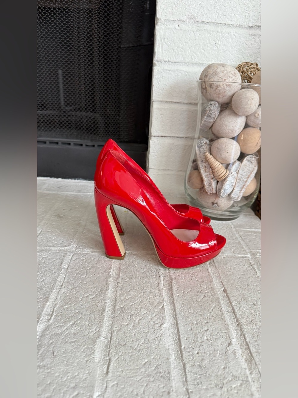 Miu Miu Red Patent Leather Peep Toe Sculptural Heel Pumps EU 37 Italy